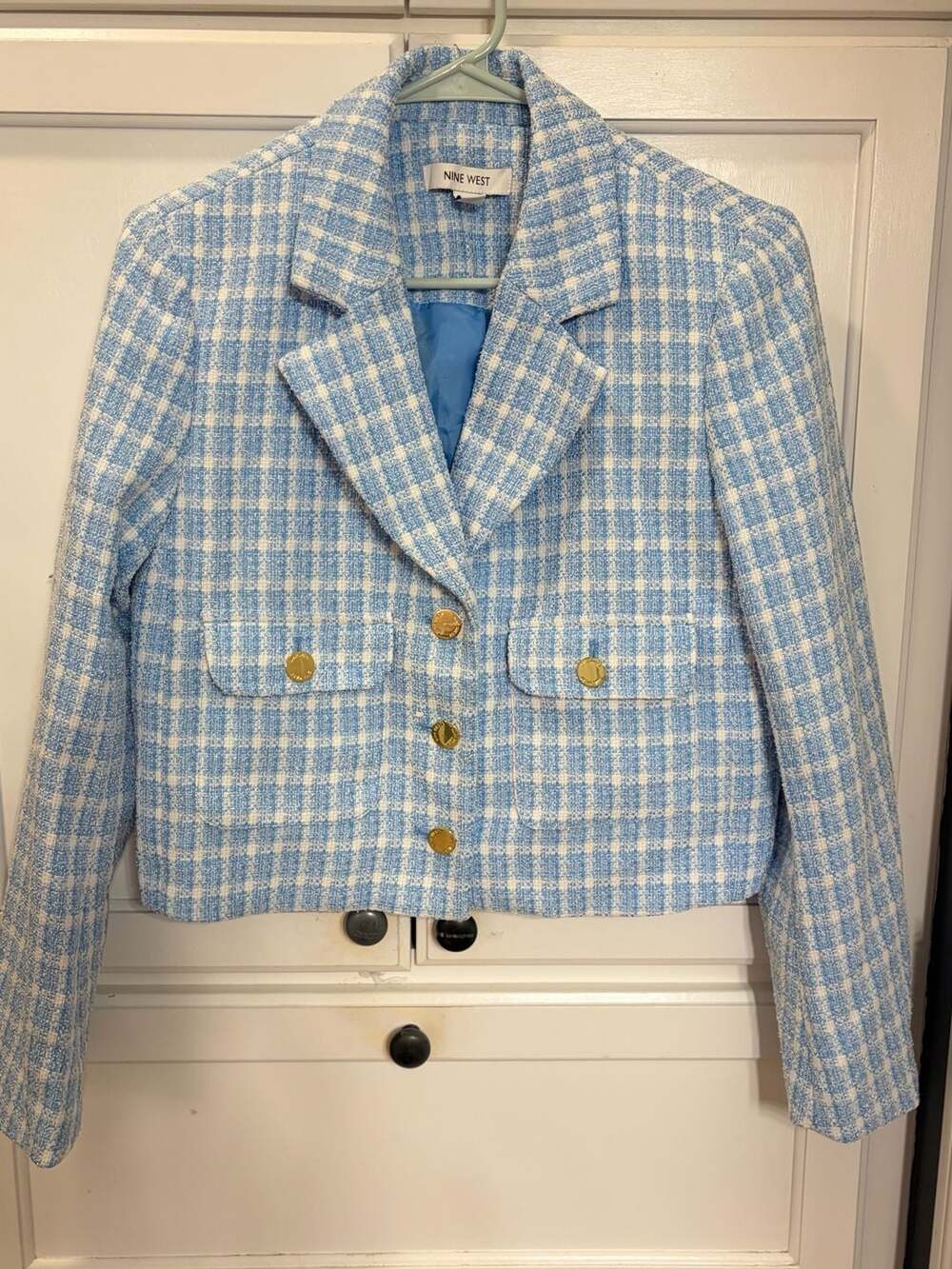 Nine West Blue and White Tweed Cropped Blazer with Gold Buttons Career Medium
